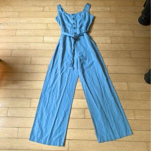 NWOT Japna Blue Cotton/Linen Blend Wide Leg Button Down Jumpsuit Size Large